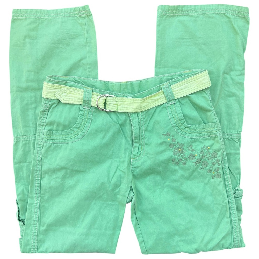 Y2K Vintage Embroidered Rhinestone Belted Green Cargo Pants